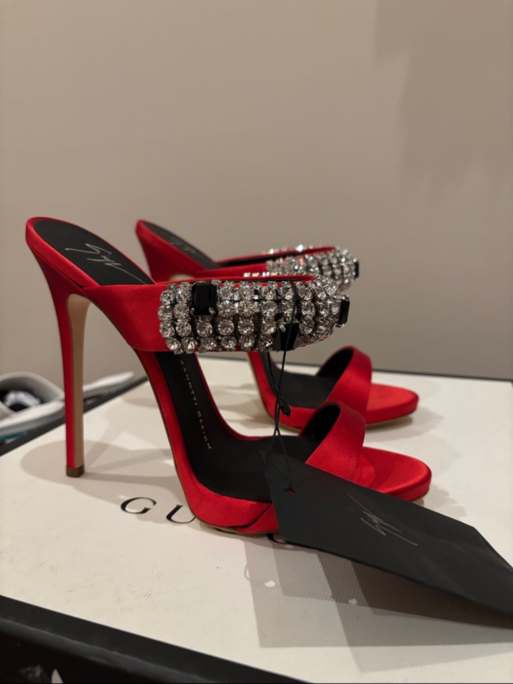 Giuseppe Zanotti Flame Red Satin high heel sandal mule with crystals sz.8 - Picture 14 of 17